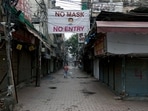 A deserted view of Lajpat Nagar market as the city observes weekend curfew, in view of rising Covid-19 cases in New Delhi on Sunday.&nbsp;(ANI)