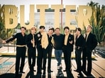 BTS members J-hope, Suga, Jungkook, V, Jin, Jimin and RM with James Corden.