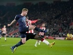Manchester City's Kevin De Bruyne attempts a shot at goal past Southampton's Mohammed Salisu(AP) Manchester City's Kevin De Bruyne attempts a shot at goal past Southampton's Mohammed Salisu(AP)