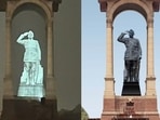 Prime Minister Narendra Modi on Sunday unveiled a digital statue of freedom fighter ‘Netaji’ Subhas Chandra Bose at the India Gate. (Photo via @narendramodi on Twitter) Prime Minister Narendra Modi on Sunday unveiled a digital statue of freedom fighter ‘Netaji’ Subhas Chandra Bose at the India Gate. (Photo via @narendramodi on Twitter)