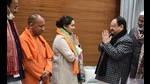 Aparna Yadav with BJP president J P Nadda and Uttar Pradesh chief minister Yogi Adityanath after joining the BJP, New Delhi, January 19, 2022 (Arvind Yadav/Hindustan Times) Aparna Yadav with BJP president J P Nadda and Uttar Pradesh chief minister Yogi Adityanath after joining the BJP, New Delhi, January 19, 2022 (Arvind Yadav/Hindustan Times)