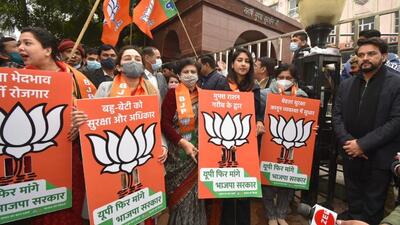 Union minister for information and broadcasting Anurag Thakur on Sunday made a fresh campaign pitch with women politicians who have joined the Bharatiya Janata Party (BJP) from other parties recently. (HT PHOTO.) Union minister for information and broadcasting Anurag Thakur on Sunday made a fresh campaign pitch with women politicians who have joined the Bharatiya Janata Party (BJP) from other parties recently. (HT PHOTO.)