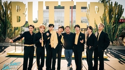 BTS members J-hope, Suga, Jungkook, V, Jin, Jimin and RM with James Corden. BTS members J-hope, Suga, Jungkook, V, Jin, Jimin and RM with James Corden.