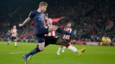 Manchester City's Kevin De Bruyne attempts a shot at goal past Southampton's Mohammed Salisu (AP) Manchester City's Kevin De Bruyne attempts a shot at goal past Southampton's Mohammed Salisu (AP)