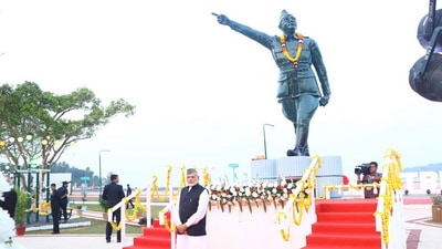 PM Modi, wearing an INA cap in Netaji's honour, announced renaming three islands of Andaman and Nicobar in 2018 on the occasion of 75th anniversary of Tricolour hoisting by Subhas Chandra Bose in Port Blair. PM Modi, wearing an INA cap in Netaji's honour, announced renaming three islands of Andaman and Nicobar in 2018 on the occasion of 75th anniversary of Tricolour hoisting by Subhas Chandra Bose in Port Blair.