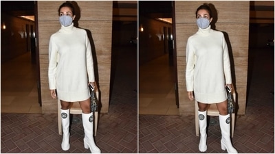 Malaika teamed the ensemble with a grey face mask to stay safe amid the Covid-19 pandemic. The 46-year-old star kept things minimal in the accessories department. (HT Photo/Varinder Chawla) Malaika teamed the ensemble with a grey face mask to stay safe amid the Covid-19 pandemic. The 46-year-old star kept things minimal in the accessories department. (HT Photo/Varinder Chawla)