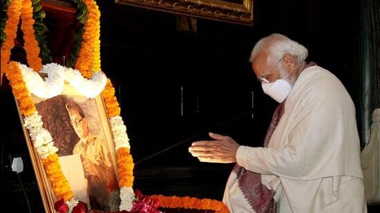 Prime Minister Narendra Modi pays homage to Netaji Subhas Chandra Bose on his 125th birth anniversary in New Delhi on Sunday. (Agencies)