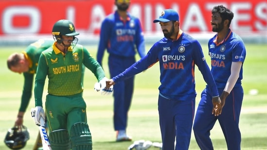 Indian skipper KL Rahul congratulates South Africa's Quinton de Kock on his century during the 3rd ODI match between India and South Africa, at Newlands, in Cape Town on Sunday.(ANI)