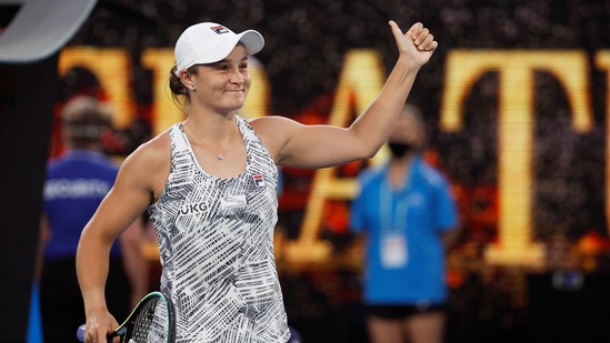Ash Barty of Australia celebrates after defeating Amanda Anisimova of the U.S. during their fourth round match at the Australian Open tennis championships in Melbourne, Australia, Sunday, Jan. 23, 2022.(AP) Ash Barty of Australia celebrates after defeating Amanda Anisimova of the U.S. during their fourth round match at the Australian Open tennis championships in Melbourne, Australia, Sunday, Jan. 23, 2022.(AP)