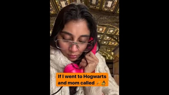 A screengrab from the video in which Dolly Singh puts up a skit where she's a student at Hogwarts, receiving a call from her mom. (instagram/@dollysingh) A screengrab from the video in which Dolly Singh puts up a skit where she's a student at Hogwarts, receiving a call from her mom. (instagram/@dollysingh)