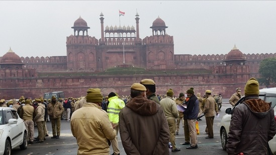 The commissioner said 27,723 Delhi Police personnel from various ranks and branches has been deployed for security arrangements. In picture - Delhi policemen guard outside the historic Red Fort as part of security arrangements for the Republic Day celebrations.(PTI)