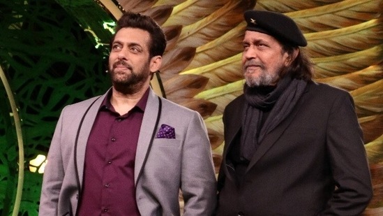 Salman Khan and Mithun Chakraborty on the Bigg Boss 15 stage. Salman Khan and Mithun Chakraborty on the Bigg Boss 15 stage.
