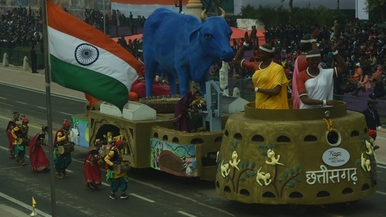 Chhattisgarh tableau for the Republic Day parade full dress rehearsal at Rajpath, New Delhi on January 23, 2022. (HT Photo/RajkRaj) Chhattisgarh tableau for the Republic Day parade full dress rehearsal at Rajpath, New Delhi on January 23, 2022. (HT Photo/RajkRaj)