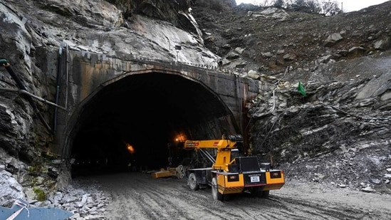 A general view of the Sela tunnel near Sela Pass, which will lead to Tawang near the Line of Actual Control (LAC), neighbouring China, in Arunachal Pradesh.(HT_PRINT)