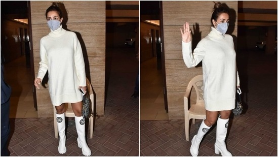 Malaika opted for sleek rings, white chunky rubber boots from Dolce &amp; Gabbana, and a Christian Dior Oblique Jacquard Saddle Bag. If you wish to know the price of her shoes and bag, keep scrolling.(HT Photo/Varinder Chawla)
