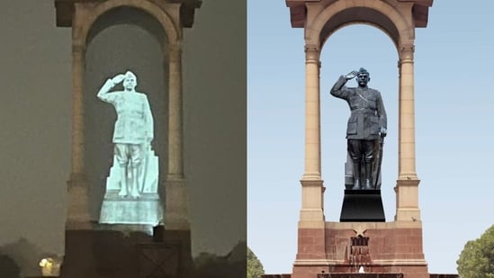 Prime Minister Narendra Modi on Sunday unveiled a digital statue of freedom fighter ‘Netaji’ Subhas Chandra Bose at the India Gate.&nbsp;(Photo via @narendramodi on Twitter)