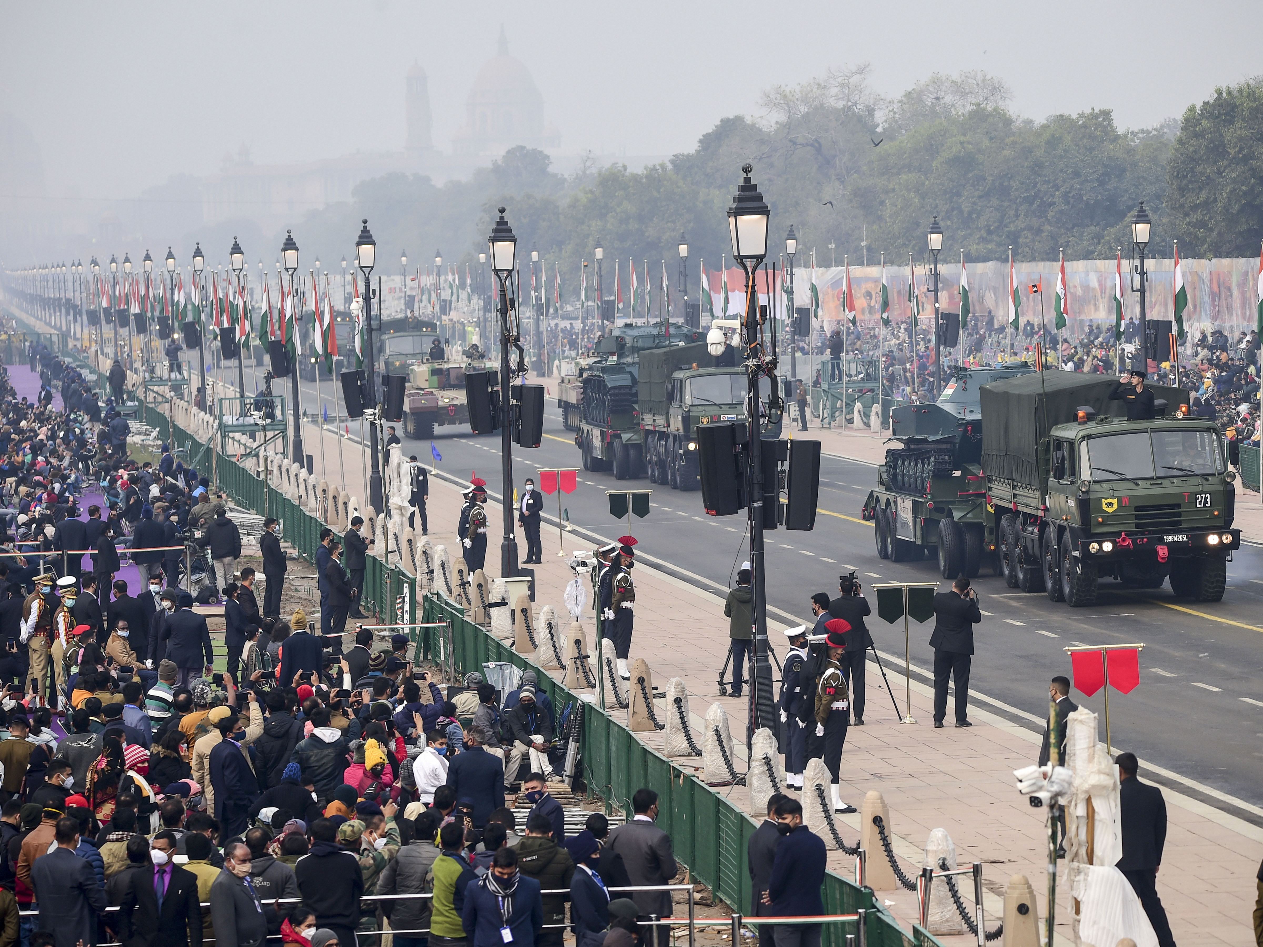 Army columns on display during the full dress rehearsal of the Republic Day parade at the Rajpath in New Delhi, Sunday. (PTI) Army columns on display during the full dress rehearsal of the Republic Day parade at the Rajpath in New Delhi, Sunday. (PTI)