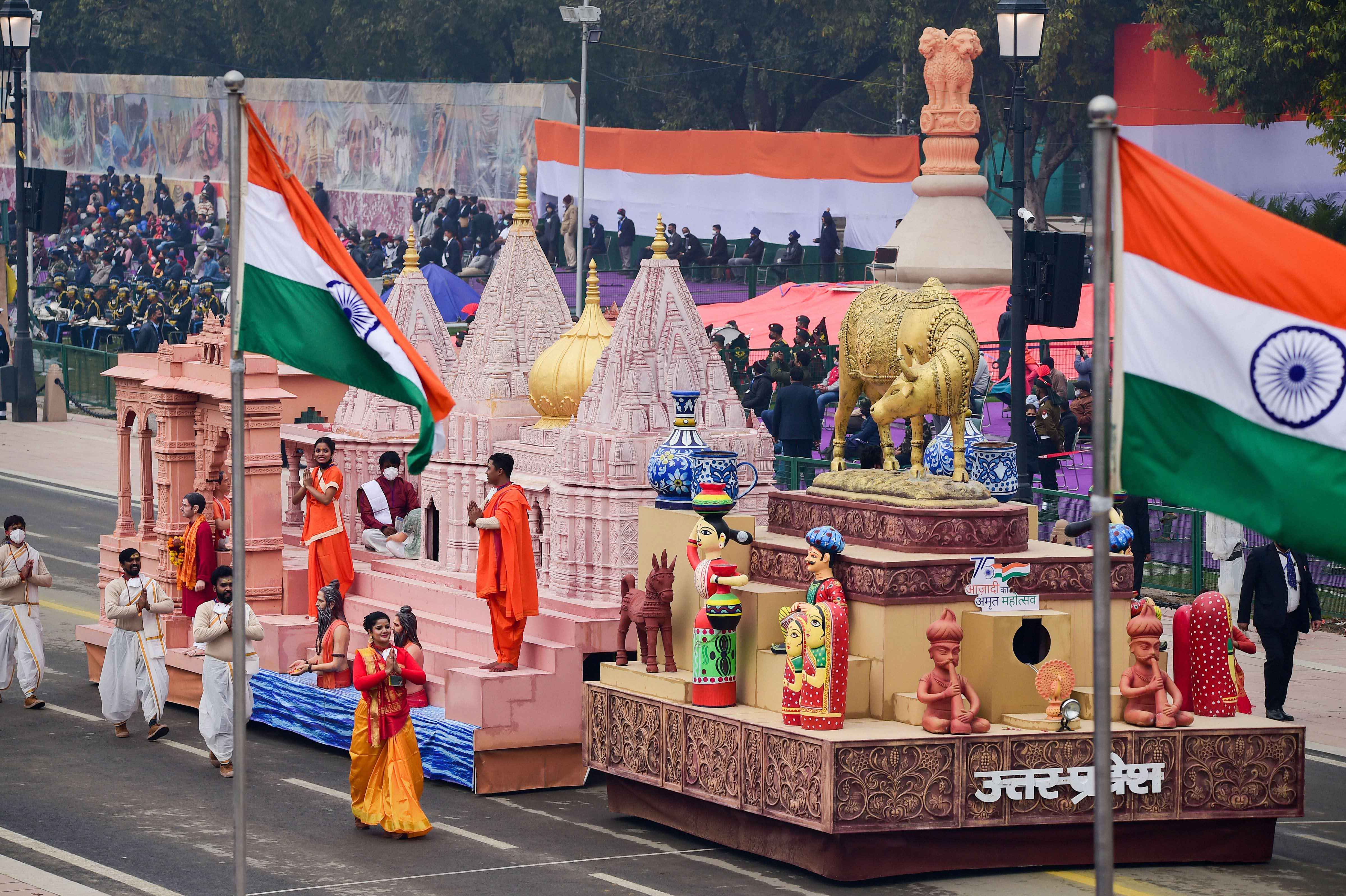 Uttar Pradesh tableau on display during the full dress rehearsal of the Republic Day Parade, at the Rajpath in New Delhi, (PTI) Uttar Pradesh tableau on display during the full dress rehearsal of the Republic Day Parade, at the Rajpath in New Delhi, (PTI)
