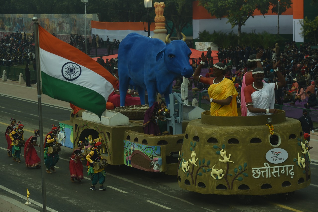 Chhattisgarh tableau for the Republic Day parade full dress rehearsal at Rajpath, New Delhi on January 23, 2022. (HT Photo/RajkRaj) Chhattisgarh tableau for the Republic Day parade full dress rehearsal at Rajpath, New Delhi on January 23, 2022. (HT Photo/RajkRaj)