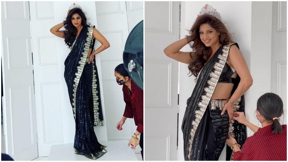 Harnaaz Sandhu serves Desi Girl moment in Miss Universe crown, black saree  with sleeveless blouse: See BTS videos | Fashion Trends - Hindustan Times