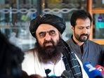 Afghan foreign minister Amir Khan Muttaqi meets the media outside the Soria Moria hotel in Oslo, Norway. Afghan foreign minister Amir Khan Muttaqi meets the media outside the Soria Moria hotel in Oslo, Norway. 