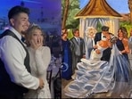 A split image showing (L) a couple's sweet reaction upon seeing (R) themselves painted after their wedding. (instagram/@watchmaggiepaint) A split image showing (L) a couple's sweet reaction upon seeing (R) themselves painted after their wedding. (instagram/@watchmaggiepaint)