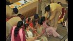 Marshals trying to remove protesting AAP and Congress councillors from the well of the House during the meeting at the Municipal Corporation office in Sector 17, Chandigarh, on Monday. (Ravi Kumar/HT) Marshals trying to remove protesting AAP and Congress councillors from the well of the House during the meeting at the Municipal Corporation office in Sector 17, Chandigarh, on Monday. (Ravi Kumar/HT)