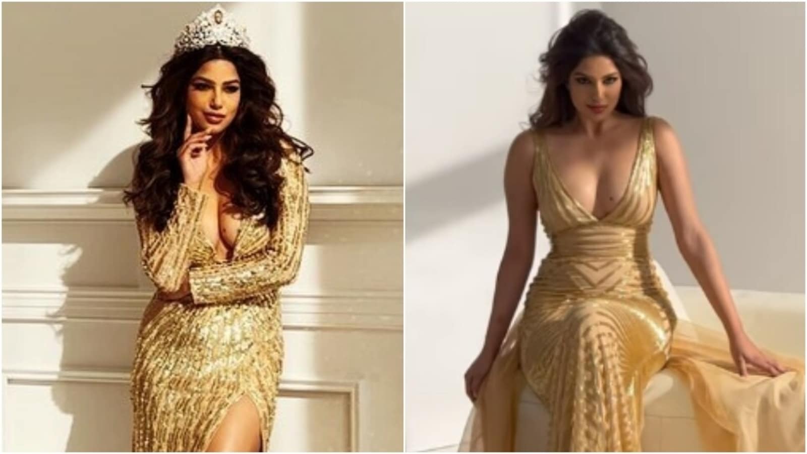 Harnaaz Sandhu cuts flattering silhouette in two deep neck gold gowns: Check out new BTS videos and pics