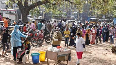 At a Covid-19 testing centre at a government hospital in Hyderabad on Monday. (PTI) At a Covid-19 testing centre at a government hospital in Hyderabad on Monday. (PTI)