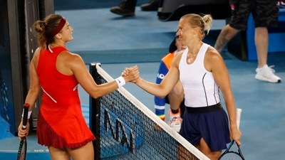 Estonia's Kaia Kanepi and Belarus' Aryna Sabalenka shake hands after their fourth round match (REUTERS)