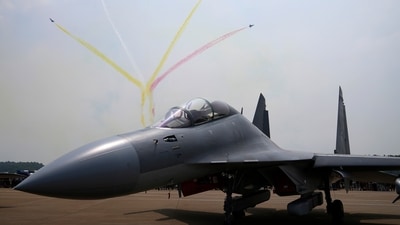 Taiwan's defence ministry said that two Chinese J-16Ds took part in the mission. In picture - Chinese military's J-16D electronic warfare airplane during 13th China International Aviation and Aerospace Exhibition, also known as Airshow China 2021. (AP) Taiwan's defence ministry said that two Chinese J-16Ds took part in the mission. In picture - Chinese military's J-16D electronic warfare airplane during 13th China International Aviation and Aerospace Exhibition, also known as Airshow China 2021. (AP)