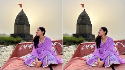 Sara's photoshoot by the Narmada River features the actor enjoying a boat ride and posing by the banks of the river. One can also see an old temple in the photo background, as the actor enjoyed the scenic views. She slipped into a pretty lavender sharara suit set for the shoot and served ethnic fashion goals too. (Instagram/@saraalikhan)