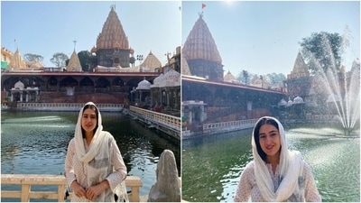 Sara's ensemble features a full-sleeved kurti in polka dot print. The star teamed it with matching pants, a white dupatta, and an embroidered ivory shawl. (Instagram/@saraalikhan)