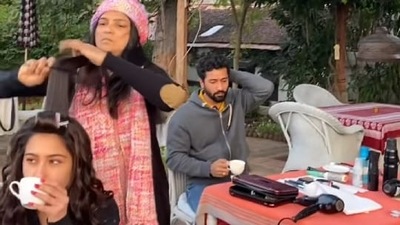 Sara Ali Khan and Vicky Kaushal on the sets of Laxman Utekar's next. Sara Ali Khan and Vicky Kaushal on the sets of Laxman Utekar's next. 