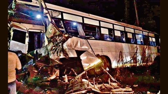 The mangled remained of the bus carrying the wedding party near Doraha in Ludhiana, hours after a speeding truck rammed into it. (HT Photo)