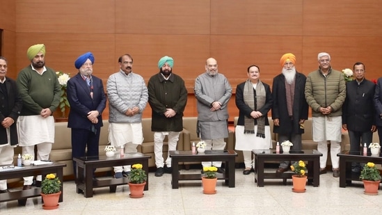 BJP president JP Nadda and Union home minister Amit Shah met their NDA allies in Punjab, Captain Amarinder Singh and Sukhdev Singh Dhindsa, on Monday.&nbsp;(Photo via @AmitShah on Twitter)