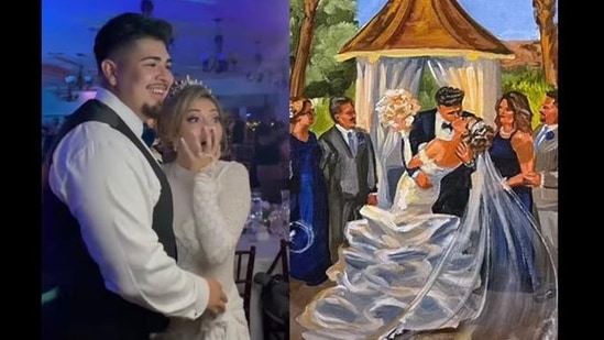 A split image showing (L) a couple's sweet reaction upon seeing (R) themselves painted after their wedding. (instagram/@watchmaggiepaint) A split image showing (L) a couple's sweet reaction upon seeing (R) themselves painted after their wedding. (instagram/@watchmaggiepaint)