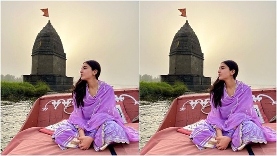 Sara's photoshoot by the Narmada River features the actor enjoying a boat ride and posing by the banks of the river. One can also see an old temple in the photo background, as the actor enjoyed the scenic views. She slipped into a pretty lavender sharara suit set for the shoot and served ethnic fashion goals too.(Instagram/@saraalikhan)