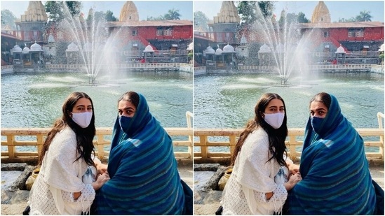 The post shows Sara and Amrita posing inside the temple premises, wearing traditional Indian attire with face masks. While Amrita wore a blue suit set, her daughter looked stunning in a white printed ethnic look.(Instagram/@saraalikhan)