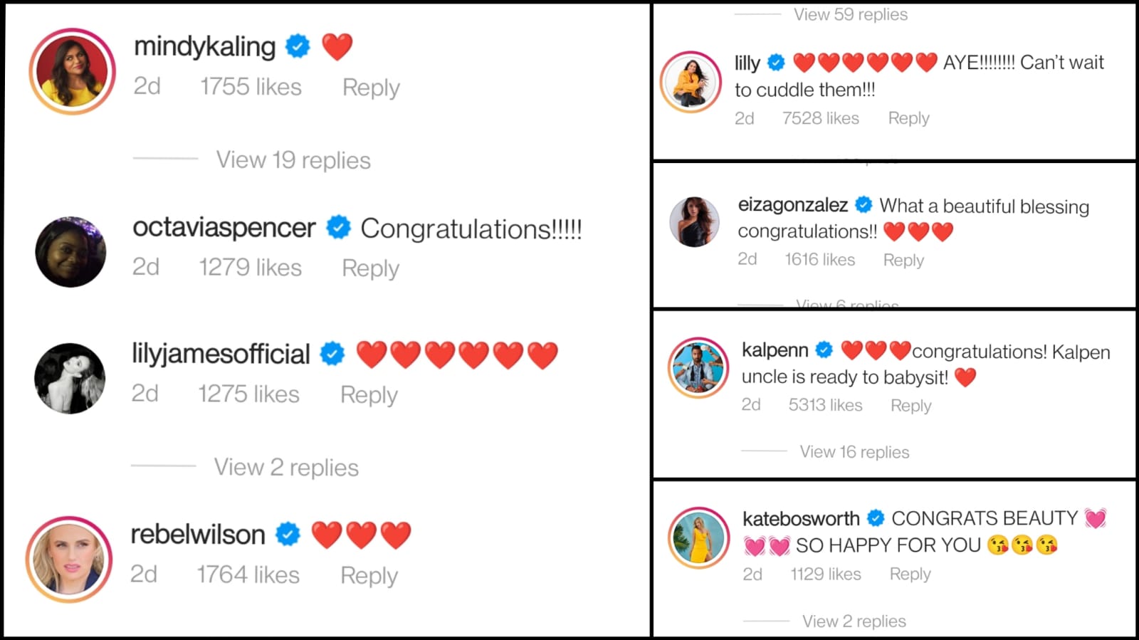 Congratulatory messages from Hollywood stars on Nick and Priyanka's Instagram posts.