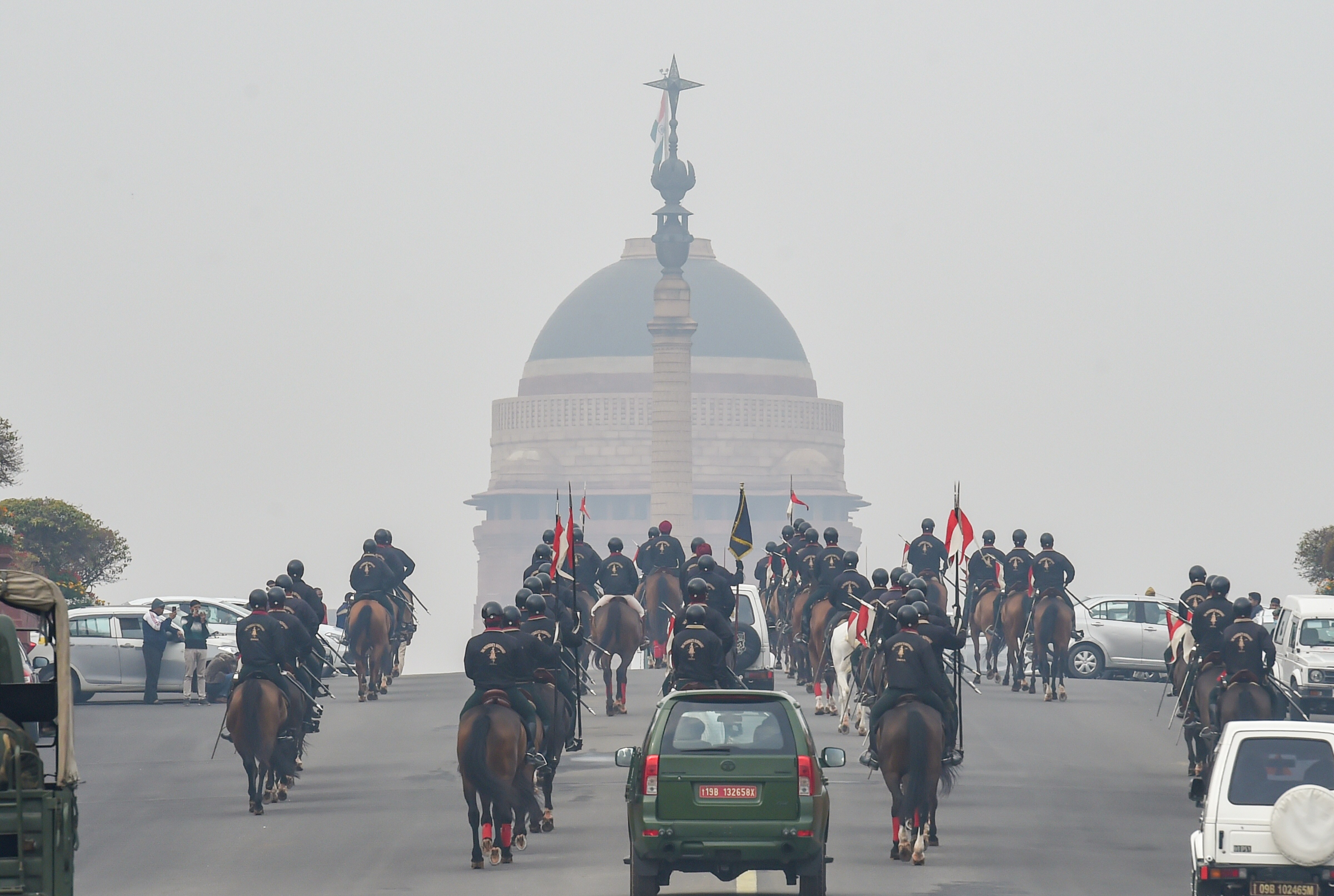 President's Bodyguard march during rehearsal for the Republic Day Parade 2022, in New Delhi on Monday. (PTI Photo) President's Bodyguard march during rehearsal for the Republic Day Parade 2022, in New Delhi on Monday. (PTI Photo)