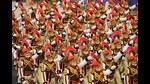 A contingent of Delhi Police marches past during the full dress rehearsal of the Republic Day Parade 2022, at the Rajpath in New Delhi on January 23. (PTI)