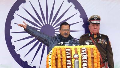 Delhi Chief Minister Arvind Kejriwal addresses the gathering after hoisting the Tricolour at the Delhi Secretariat on the eve of Republic Day, on Tuesday. (HT) Delhi Chief Minister Arvind Kejriwal addresses the gathering after hoisting the Tricolour at the Delhi Secretariat on the eve of Republic Day, on Tuesday. (HT)