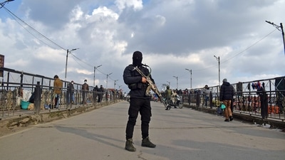Security personnel cordoned off the area after militants hurled grenades on the eve of Republic Day at Harisingh high street in Srinagar on Tuesday.&nbsp; (Imran Nissar / ANI)
