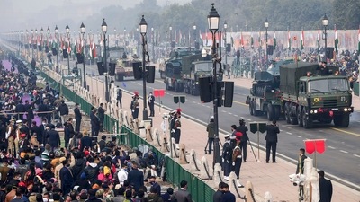 Army columns on display during the full dress rehearsal of the Republic Day parade at the Rajpath in New Delhi, Sunday. (PTI)