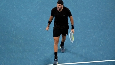 Italy's Matteo Berrettini celebrates winning his quarter final match against France's Gael Monfils&nbsp; (REUTERS)