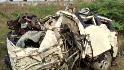 The mangled remains of the car as seen after an accident in Maharashtra's Selsura early on Tuesday. (ANI Photo) The mangled remains of the car as seen after an accident in Maharashtra's Selsura early on Tuesday. (ANI Photo)