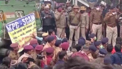 The students protesting against RRB results in Patna on Monday. (ANI Photo) The students protesting against RRB results in Patna on Monday. (ANI Photo)
