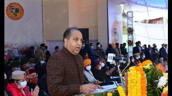Himachal Pradesh chief minister Jai Ram Thakur addressing a rally on the 52nd Statehood Day in Solan on Tuesday. (HT Photo)