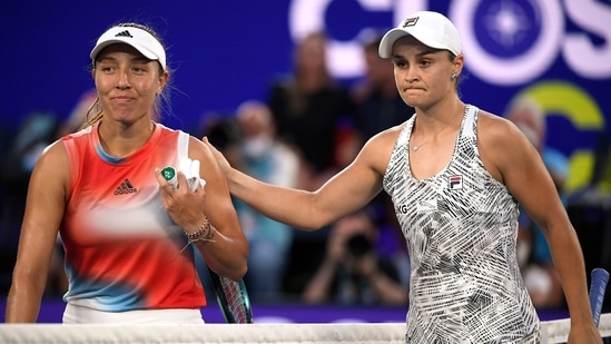 Ash Barty is congratulated by Jessica Pegula of the US (AP)